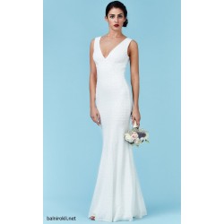 Абитуриентска Дълга Блестяща Бяла Рокля Пайети Шифон