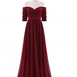Дълга Елегантна Тъмночервена Рокля Шифон Деколте
