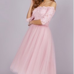 Елегантна Официална Розова Рокля Дантела и Тюл