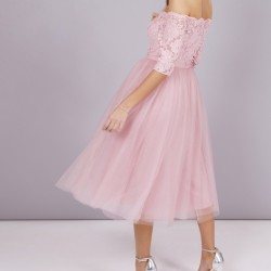Елегантна Официална Розова Рокля Дантела и Тюл