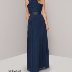 Дълга Тъмносиня Рокля Дантела и Шифон Плисе