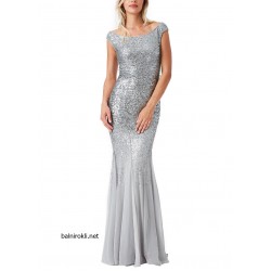 Бална  Дълга Сребриста Рокля Шифон Декорация