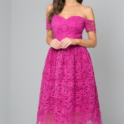 Бална Рокля Цикламена Дантела Средна Дължина