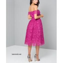Бална Рокля Цикламена Дантела Средна Дължина