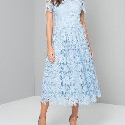 Елегантна Дантелена Светлосиня Рокля Средна Дължина