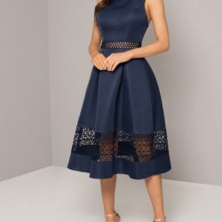 Елегантна  Синя Рокля за Парти Сатен Средна Дължина