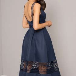 Елегантна  Синя Рокля за Парти Сатен Средна Дължина