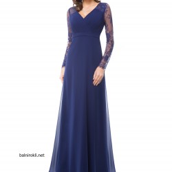 Бална Елегантна Дълга Тъмносиня Рокля Шифон и Дантела