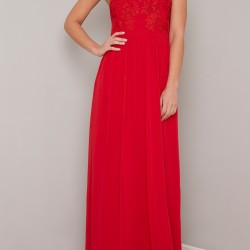 Абитуриентска Бална Червена Дълга Рокля Шифон и Дантела