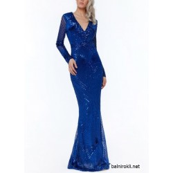 Дълга Блестяща Синя Рокля Ръкави Дълга Блестяща Синя Рокля Ръкави