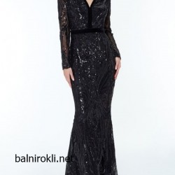 Бална Черна Дълга Блестяща Рокля Деколте Ръкави