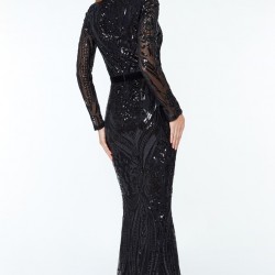 Бална Черна Дълга Блестяща Рокля Деколте Ръкави
