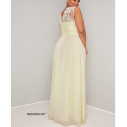 Бална ДЪлга Рокля Макси Дами Цвят Жълт Крем Бюстие Дантела