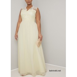 Бална ДЪлга Рокля Макси Дами Цвят Жълт Крем Бюстие Дантела