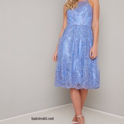 Бална Къса Синя Рокля Бродерии Дантела