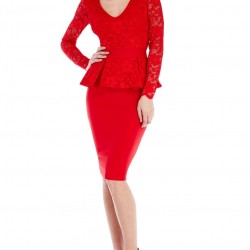 Елегантна Къса Червена Рокля Еластична Дантела