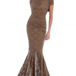 Дантелена Дълга Официална Рокля Цвят Капучино