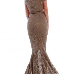 Дантелена Дълга Официална Рокля Цвят Капучино