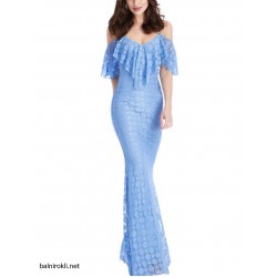 Дълга Официална Светлосиня Рокля Дантела