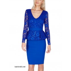 Дантелена Официална Синя Къса Рокля Пайети Ръкави