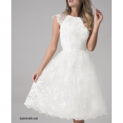 Бяла Коктейлна Рокля Тюл Бродерии