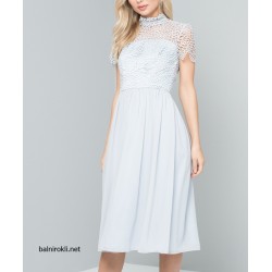 Елегантна Светлосиня Рокля Шифон Дантела Средна Дължина