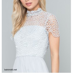 Елегантна Светлосиня Рокля Шифон Дантела Средна Дължина