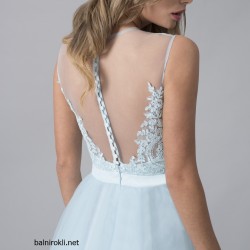 Бална Къса Рокля Светлосин Тюл с Цветя