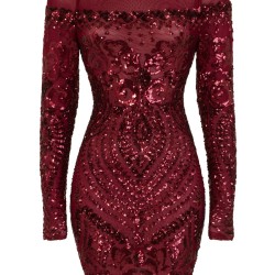 Блестяща Къса Тъмночервена Рокля Пайети