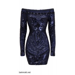 Блестяща Къса Тъмносиня Рокля Пайети