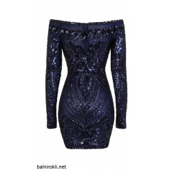 Блестяща Къса Тъмносиня Рокля Пайети