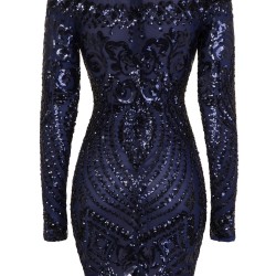 Блестяща Къса Тъмносиня Рокля Пайети