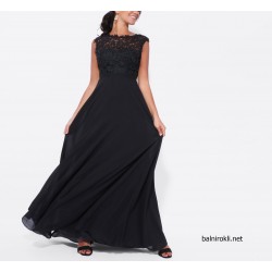 Дълга Черна Бална Рокля Шифон и Дантела