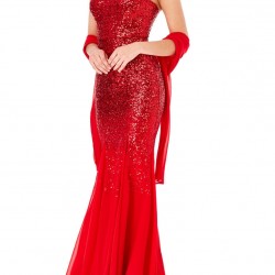 Абитуриентска Бална Червена Блестяща Рокля Шифон Пайети