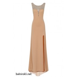 Бална Дълга Рокля Камъни Гол Гръб Цепка Телесен Цвят