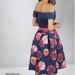 Бална Къса Тъмносиня Рокля с Флорален Принт