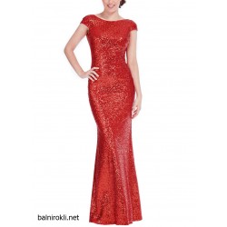Червена Дълга Блестяща Бална Рокля  Пайети Гол Гръб