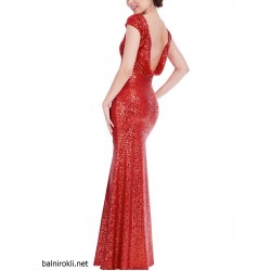 Червена Дълга Блестяща Бална Рокля  Пайети Гол Гръб