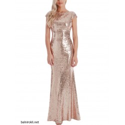 Елегантна Вечерна Рокля Цвят Шампанско Блестящи Пайети