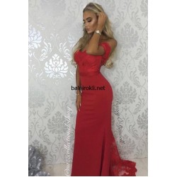 Елегантна Дълга Червена Рокля Стреч Дантела Елегантна Дълга Червена Рокля Стреч Дантела