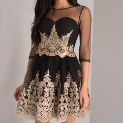 Елегантна Къса Рокля Черно и Златисто Бродерии