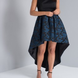 Асиметрична Официална Рокля Макси Размери Черно и Сини Рози