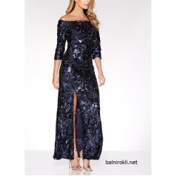 Бална Дълга Блестяща Тъмносиня Рокля Пайети Цепка