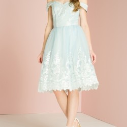 Елегантна Къса Рокля Небесносин Цвят Бродерии