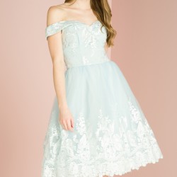 Елегантна Къса Рокля Небесносин Цвят Бродерии