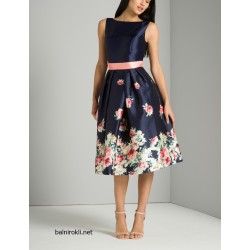 Елегантна Тъмносиня Рокля Сатен Флорал 7