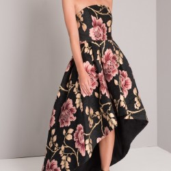 Асиметрична Елегантна Официална Черна Рокля Флорал