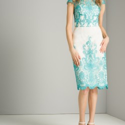 Къса Бална Рокля Цвят Мента и Бяло с Дантела