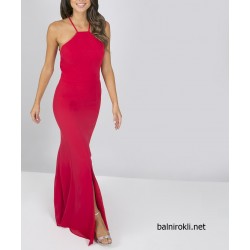 Абитуриентска Бална Дълга Червена Рокля Гол Гръб Дантела