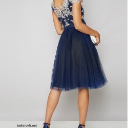 Бална Къса Рокля с Дантела Крем и Син Цвят Бална Къса Рокля с Дантела Крем и Син Цвят